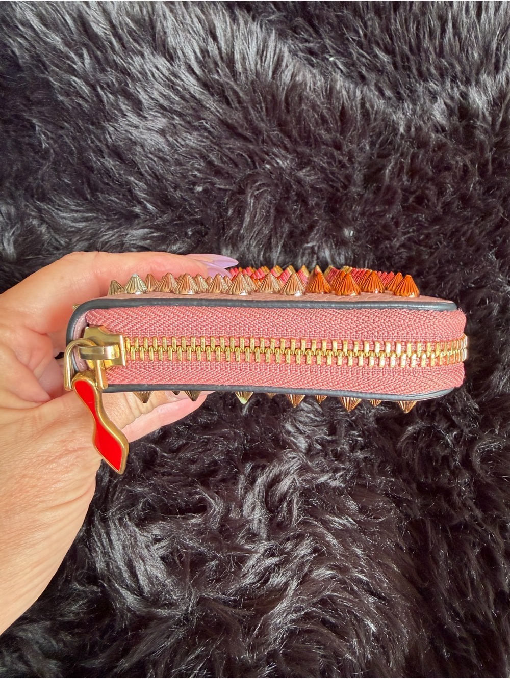 Christian Louboutin Pink Zip-Around Wallet with Multicolor Gradient Studs - Picture 5 of 17